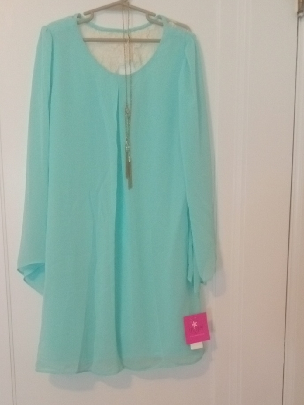 NWT girl 10 sage green Chiffon Shift Dress lace accent shoulders, chain accent